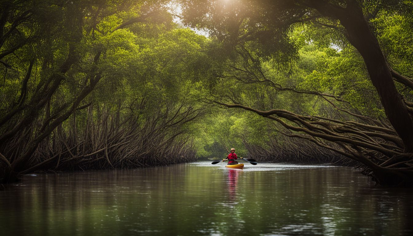 A kayaker explores a vibrant mangrove forest in a captivating nature photograph.