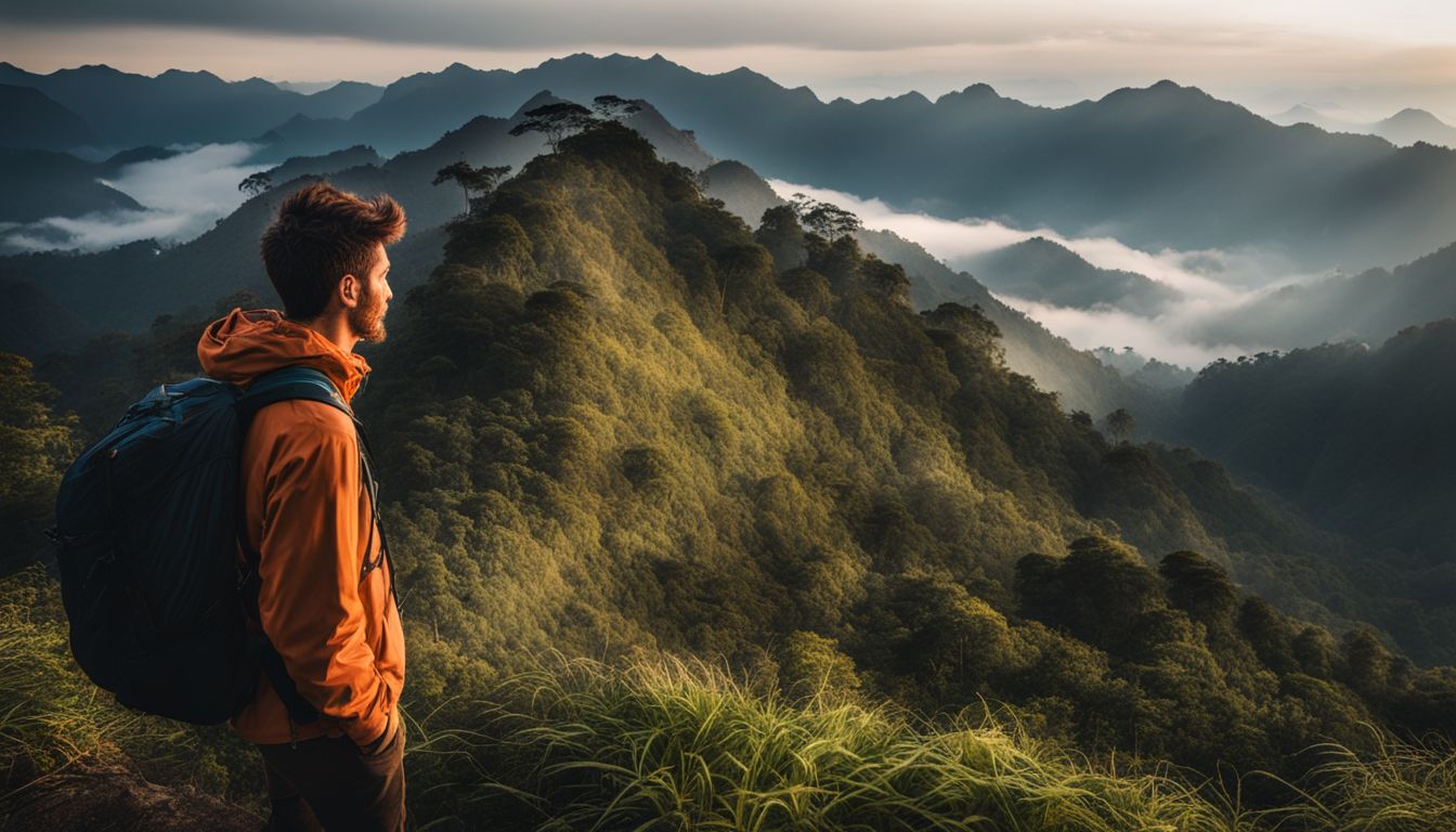 A hiker stands at a viewpoint on the Kew Mae Pan Nature Trail, surrounded by misty mountains, capturing a bustling and picturesque atmosphere.