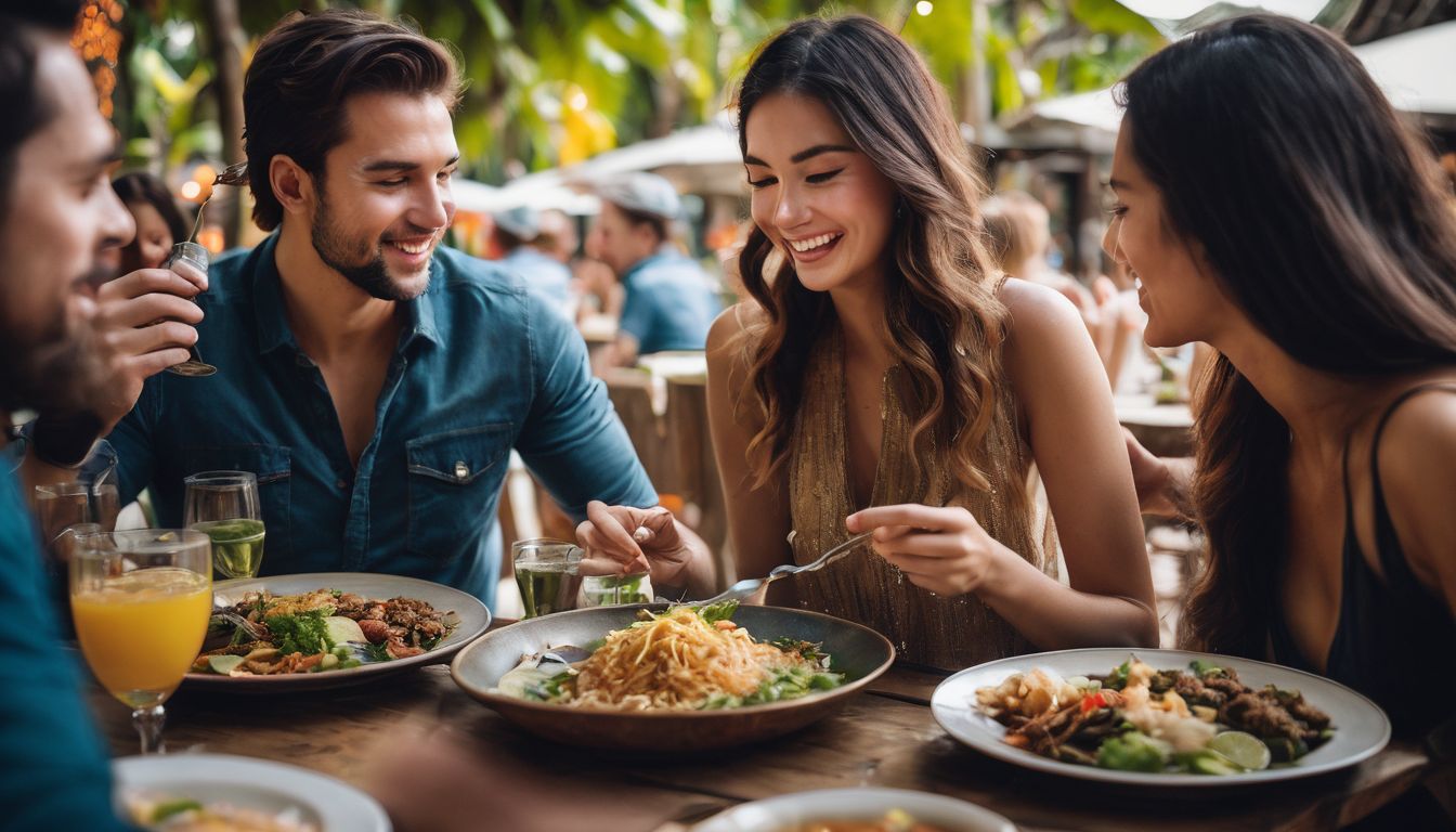 A diverse group of friends enjoying a flavorful Thai meal at a lively outdoor restaurant.