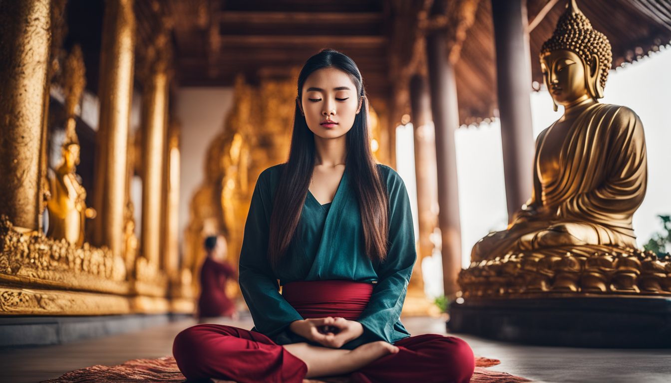 A young woman named Khao Chong Krajok meditates in front of a beautiful Buddha statue.