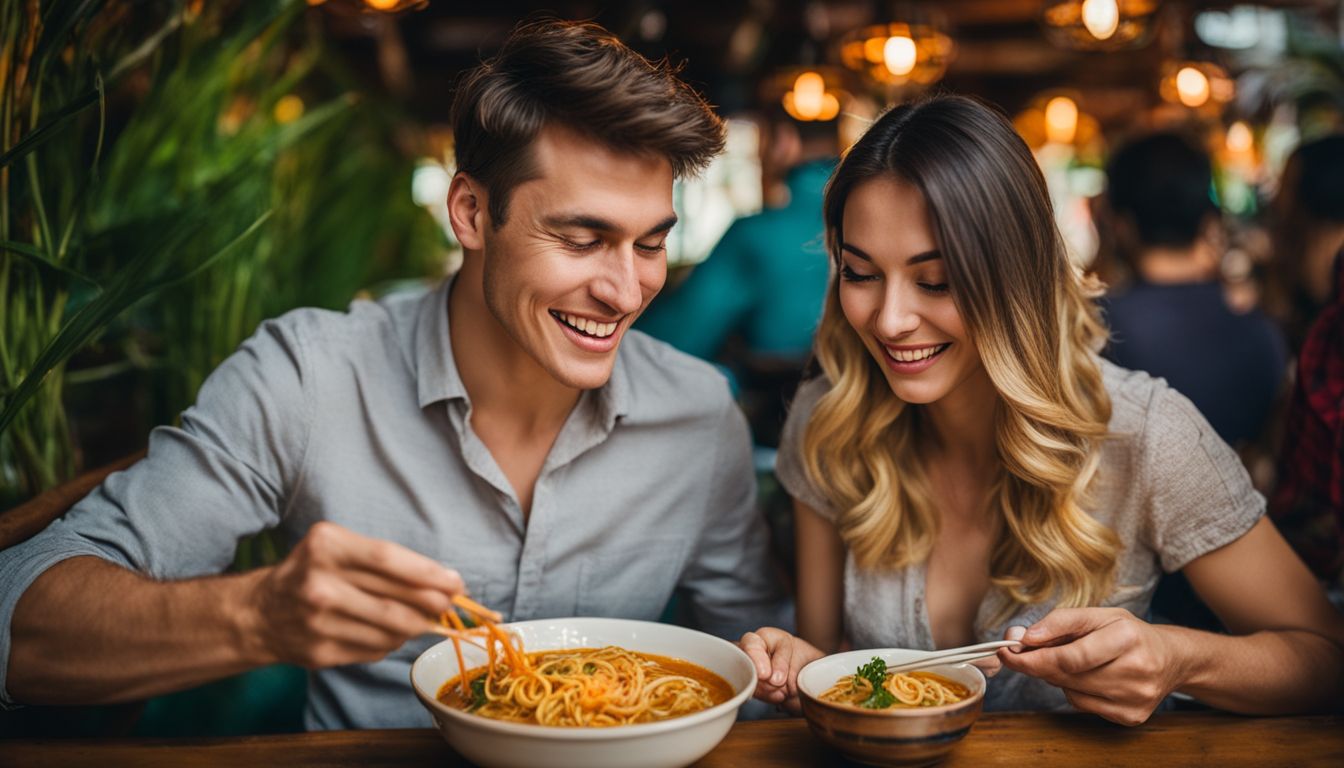 A couple happily enjoying a bowl of Khao Soi Lung Prakit Kad Gorm in a cozy restaurant setting.