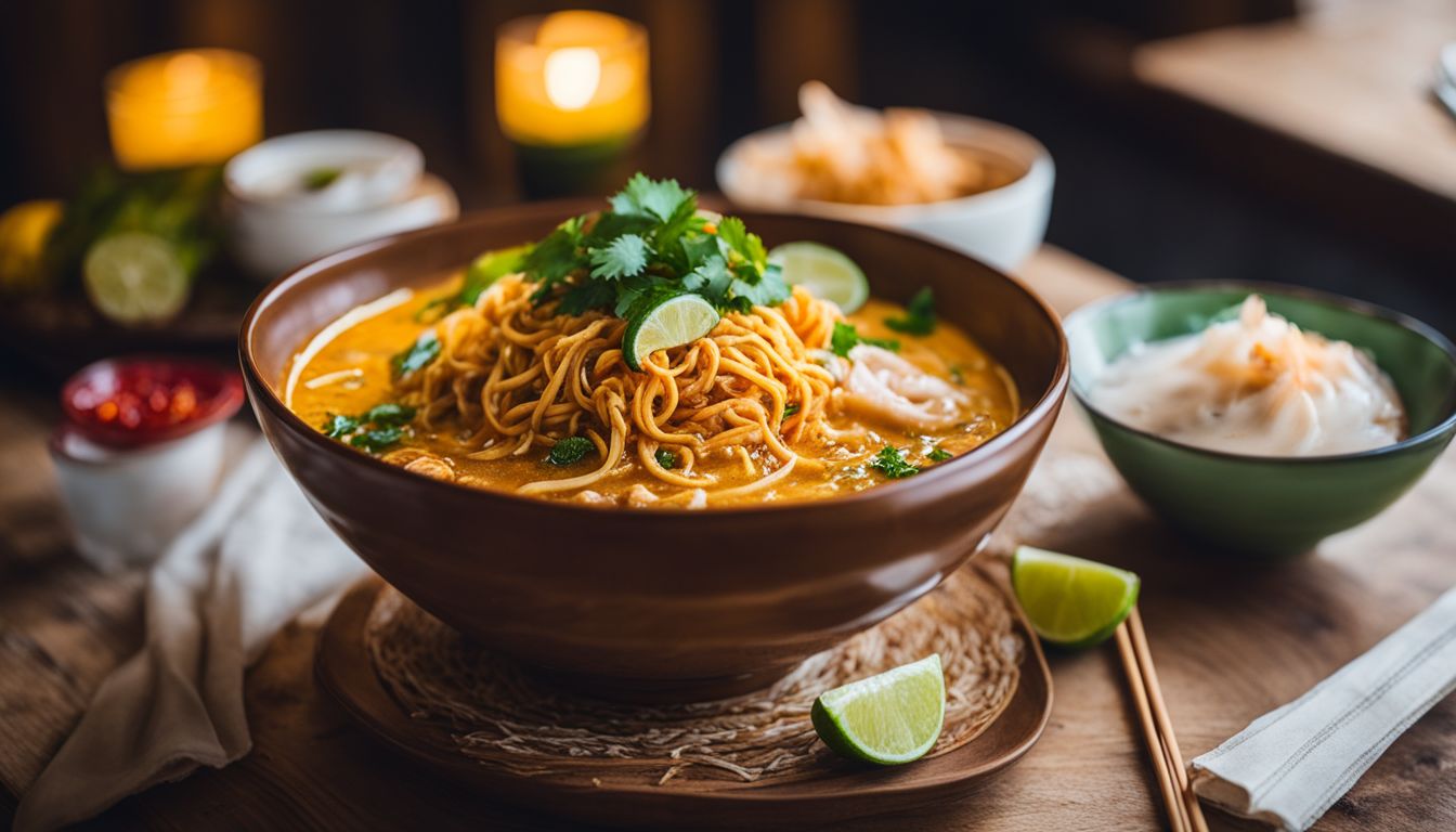 The photo showcases a bowl of Khao Soi on a wooden table with Thai decorations in a bustling atmosphere.