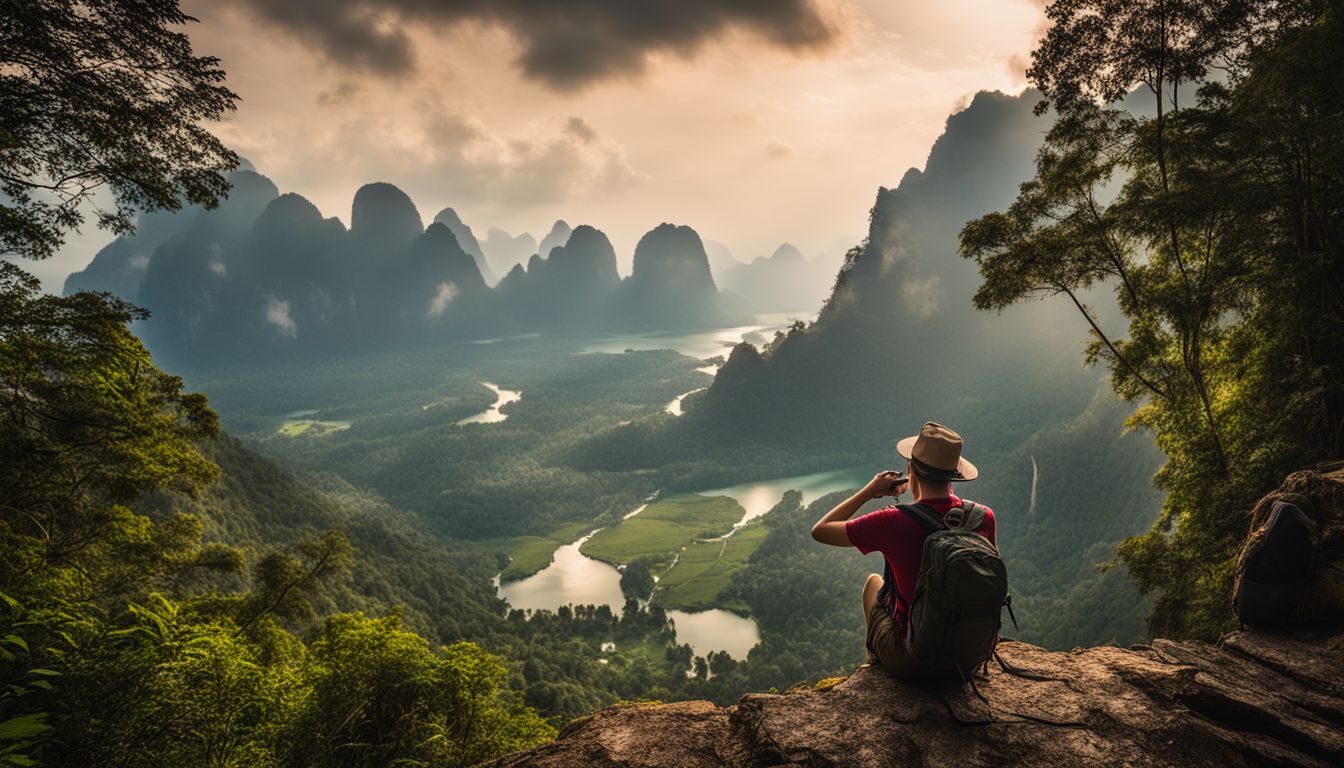A hiker admires the stunning scenery of Khao Sok National Park in a bustling and vibrant atmosphere.
