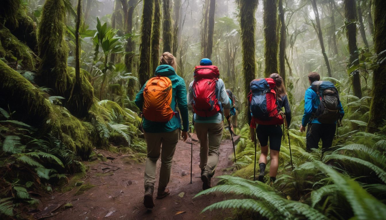 A diverse group of hikers explores a lush rainforest trail, captured in crystal clear detail.