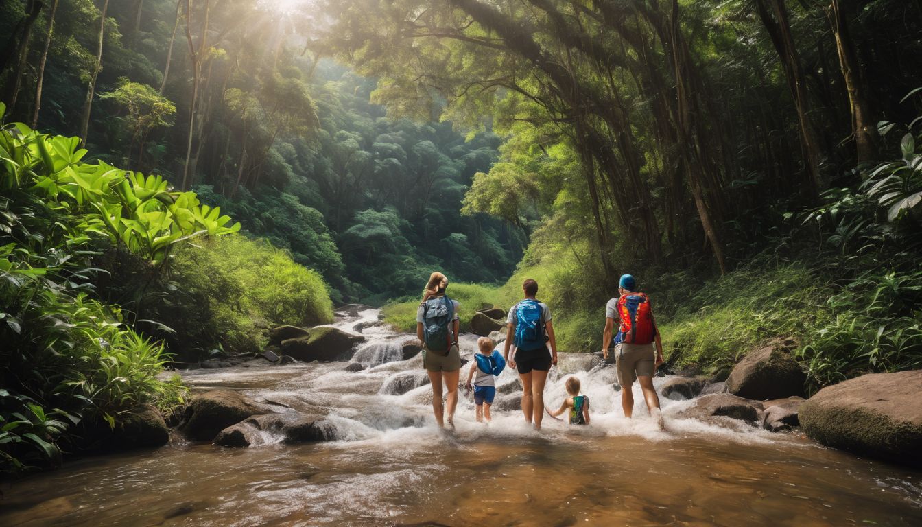 A family enjoying a scenic hike through lush green trails in Khao Yai National Park.