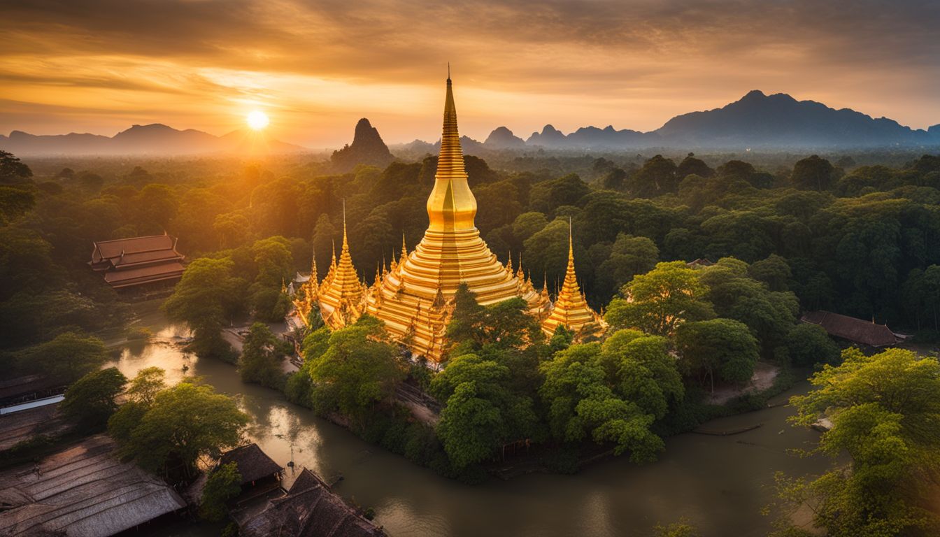 A beautiful photograph of Wat Si Sawai's unique corncob-shaped prangs illuminated by the golden sunset rays.