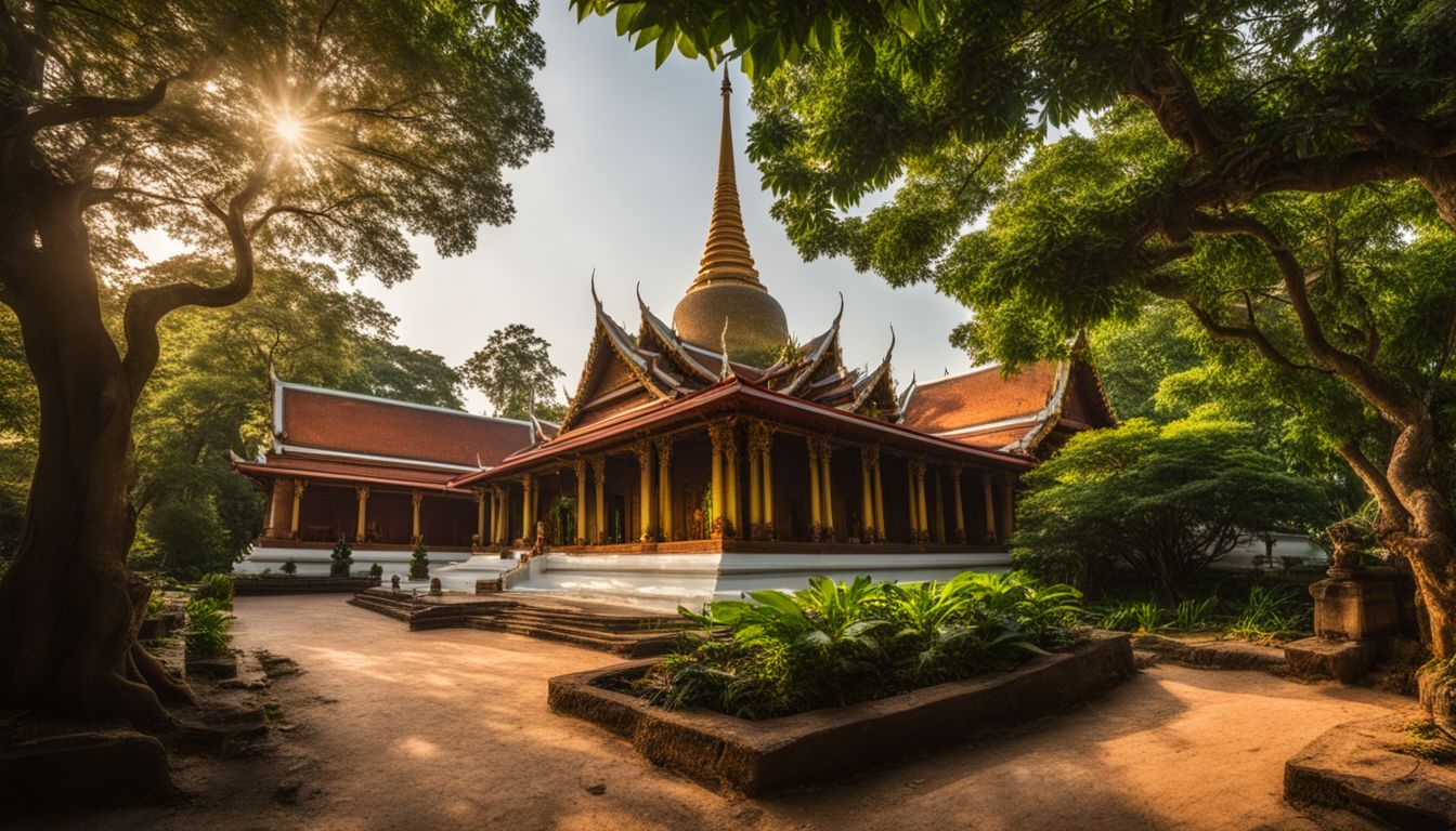 A photo of Wat Bowonniwet Vihara surrounded by lush gardens and a serene atmosphere, capturing the bustling atmosphere and diverse people.