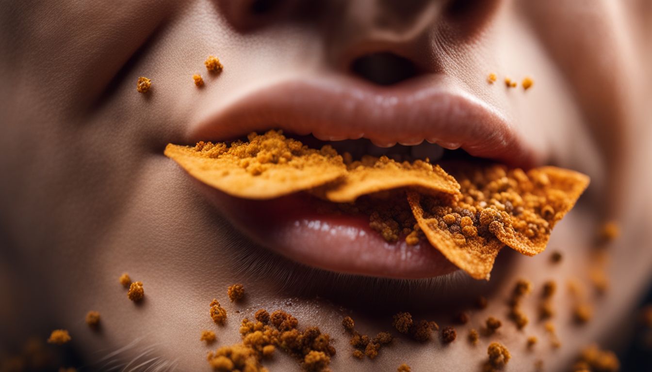 Close-up of a person's mouth with spices and herbs sprinkled on their tongue, showcasing detailed skin and features.