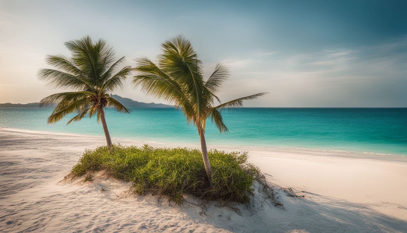 A picturesque white sandy beach with turquoise waters and a solitary palm tree.