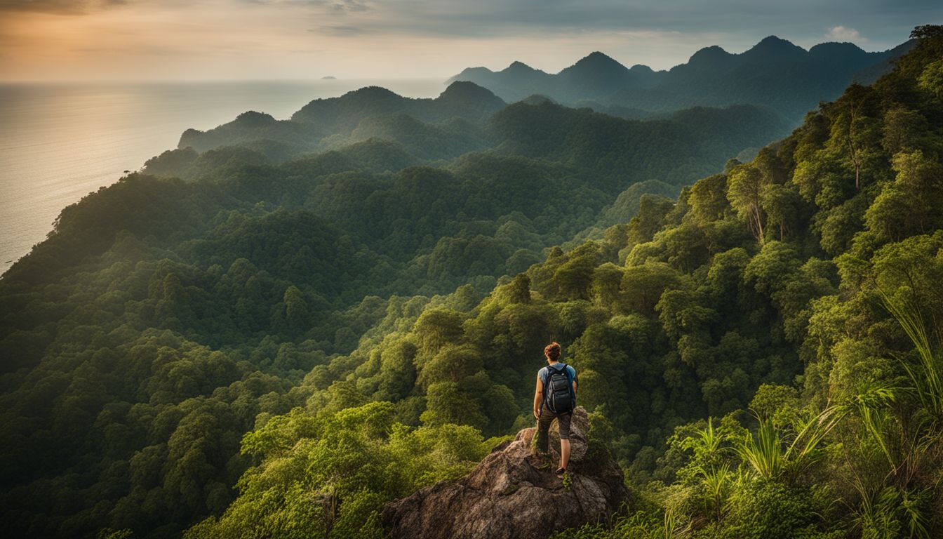 A hiker stands on a cliff overlooking the lush greenery of Koh Chang National Park.