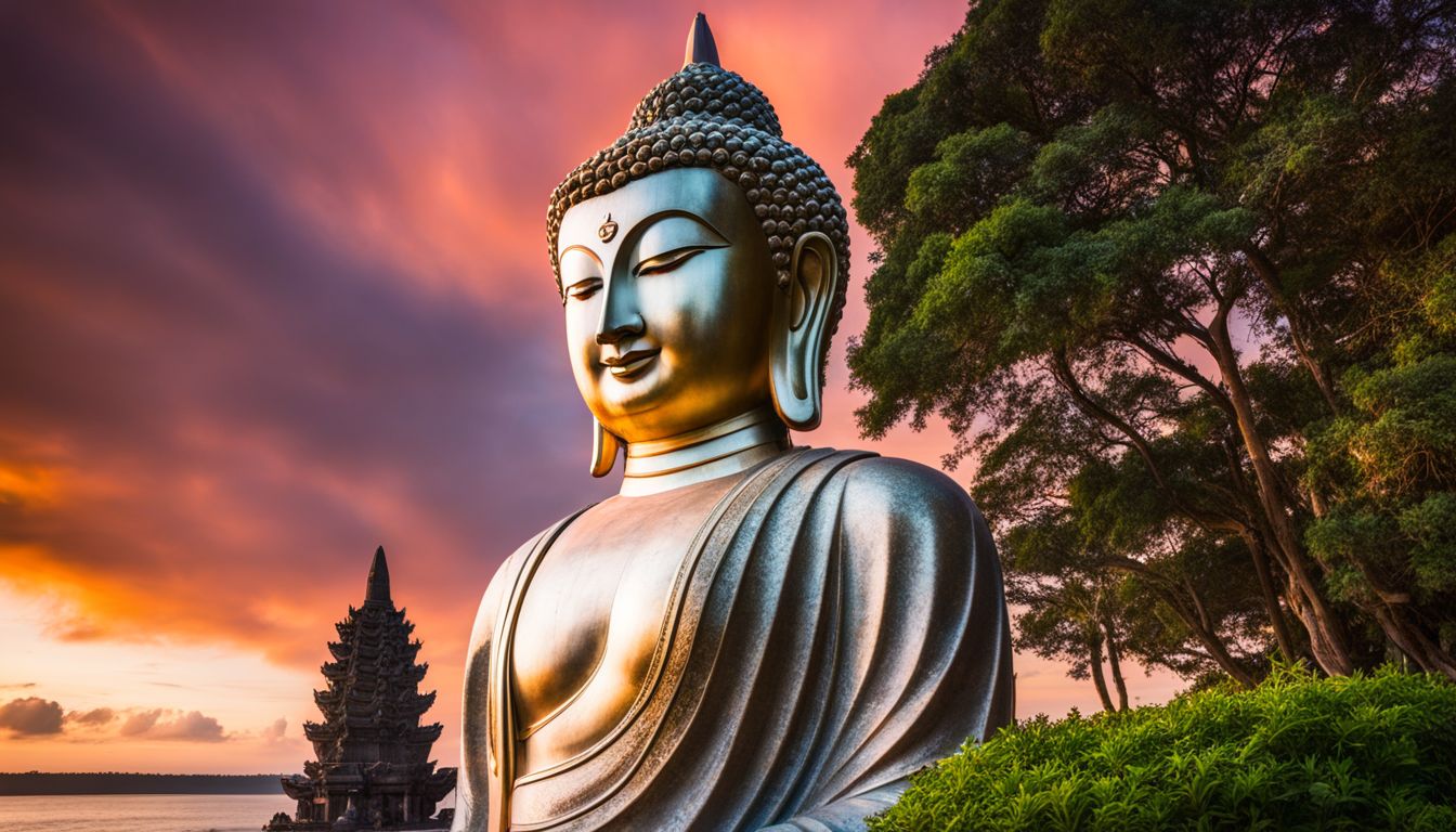 A photo of the Gautama Buddha statue at Kuakata Buddhist Temple surrounded by a serene beach and colorful sky.