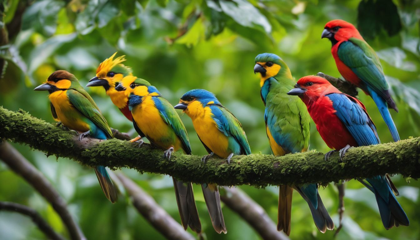 A vibrant group of birds perched on trees in a bustling and colorful wildlife setting.
