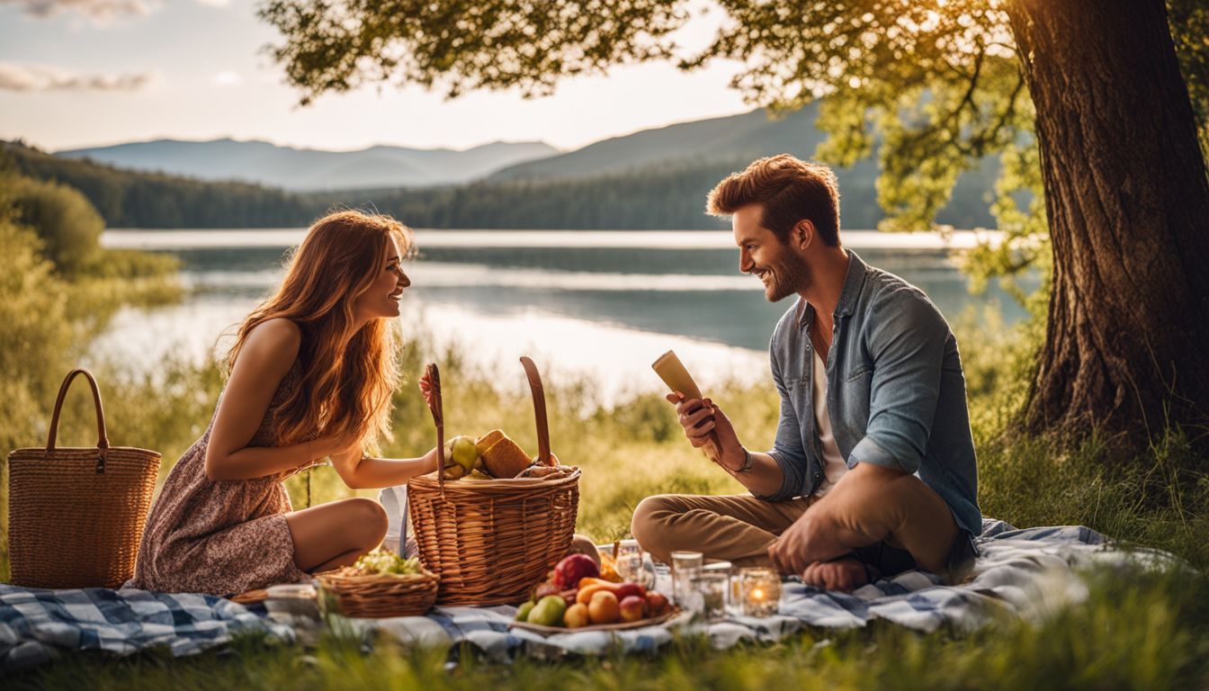 A couple enjoying a picnic with a beautiful lake view in a bustling atmosphere.