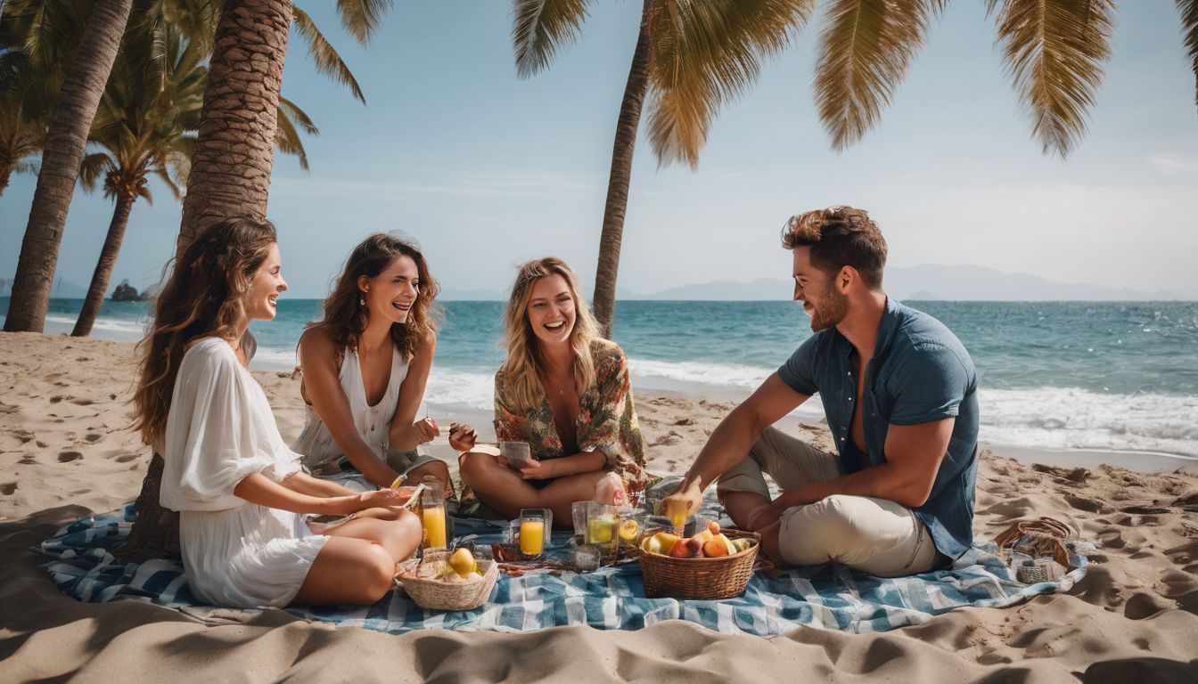A diverse group of friends enjoy a beach picnic under palm trees in a vibrant, bustling atmosphere.
