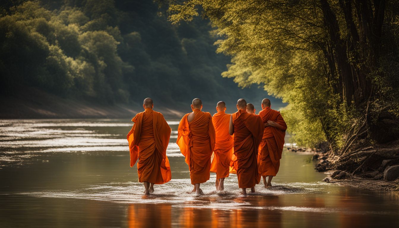 A photo of Buddhist monks walking along a peaceful river in traditional orange robes.