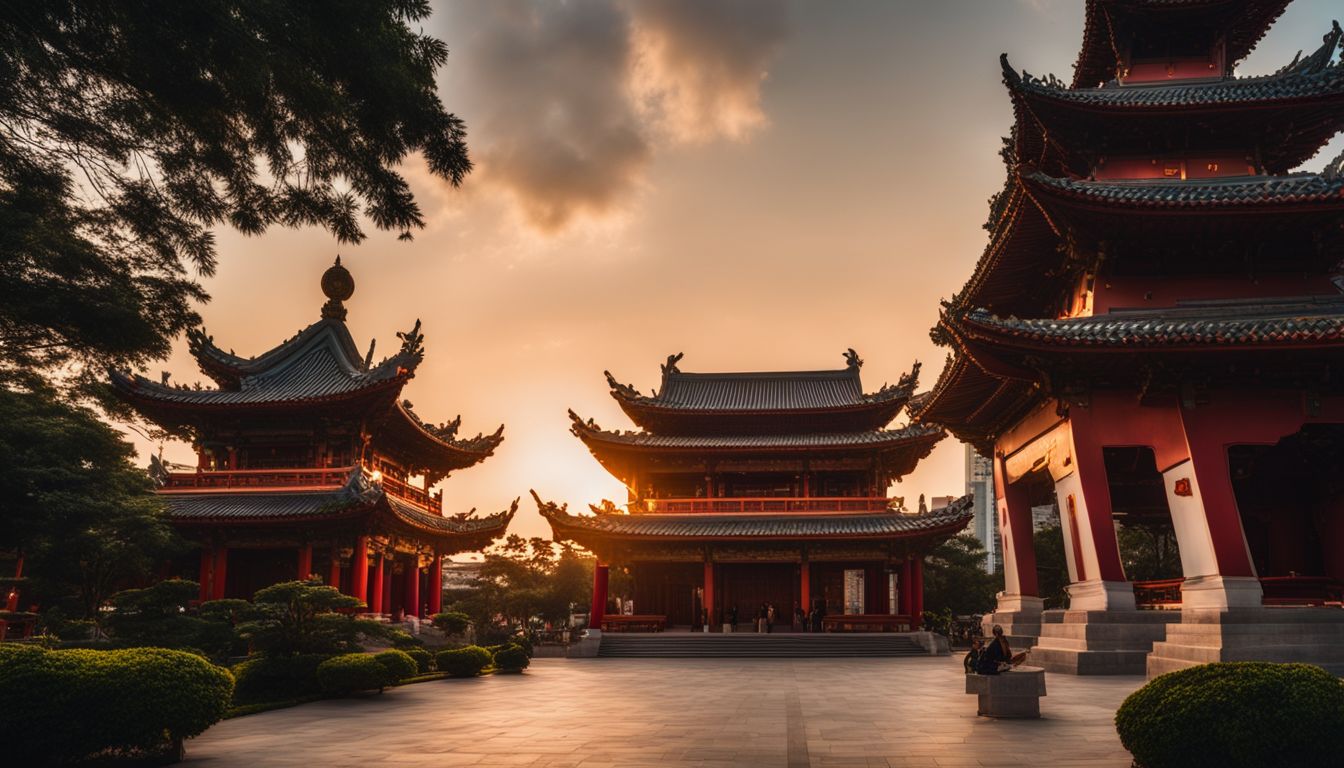 A vibrant photo of The Hainan Temple at sunset, showcasing a blend of traditional and modern architecture and a bustling atmosphere.