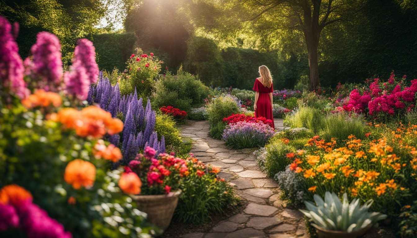 A vibrant garden with diverse people enjoying nature and colorful flowers.