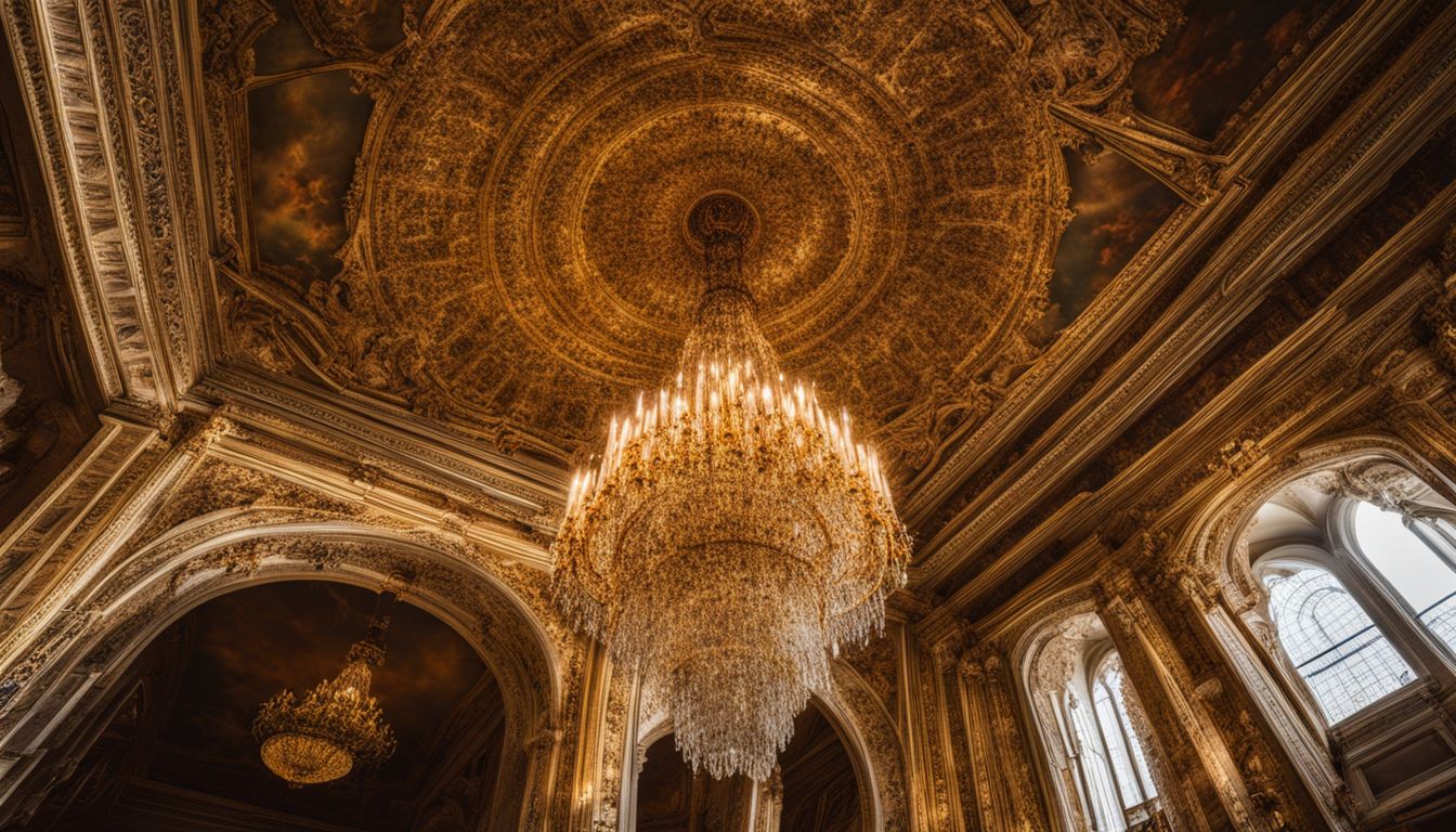 A majestic palace chandelier hangs from an intricately carved ceiling, surrounded by a diverse group of people in various outfits.