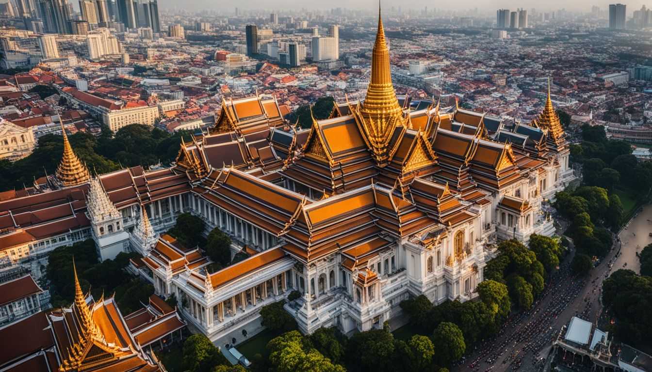 Aerial photo of the majestic Grand Palace and surrounding cityscape with diverse people and bustling atmosphere.