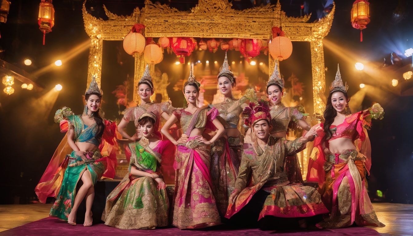 A group of performers in traditional Thai costumes posing on stage with colorful lights.