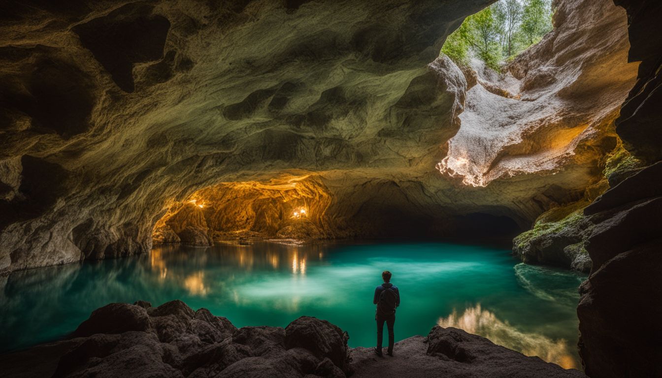 A person stands in a limestone cave surrounded by fish ponds in a bustling atmosphere.