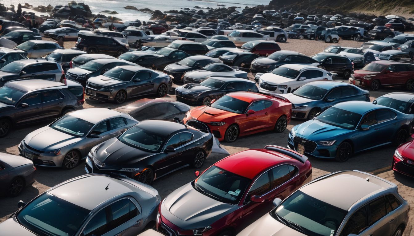 A crowded beach parking lot with cars tightly packed and people searching for spots.