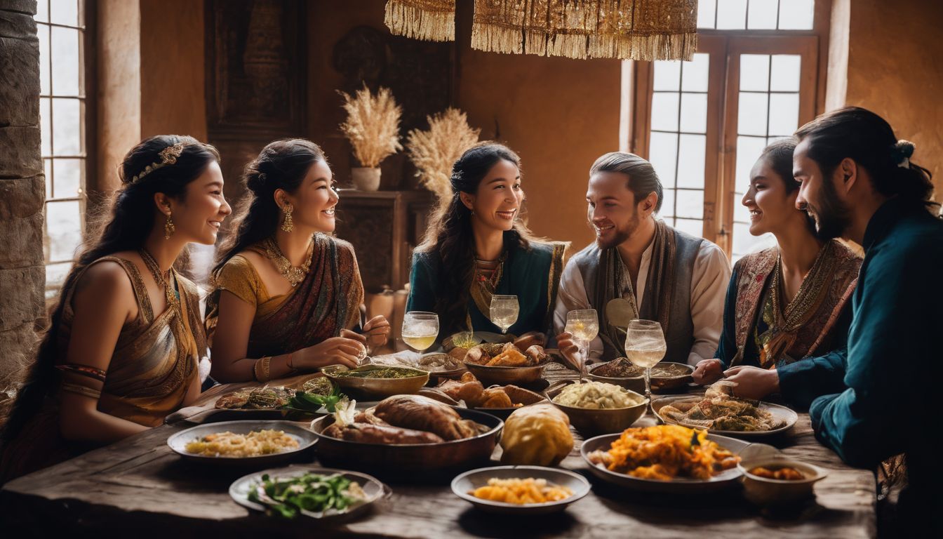 A diverse group of people gather around a table enjoying a traditional meal surrounded by cultural symbols.