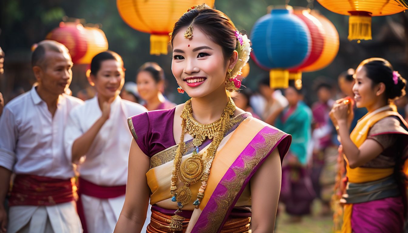 A colorful celebration in Thailand showcasing villagers in traditional clothing, dancing, and holding lanterns.