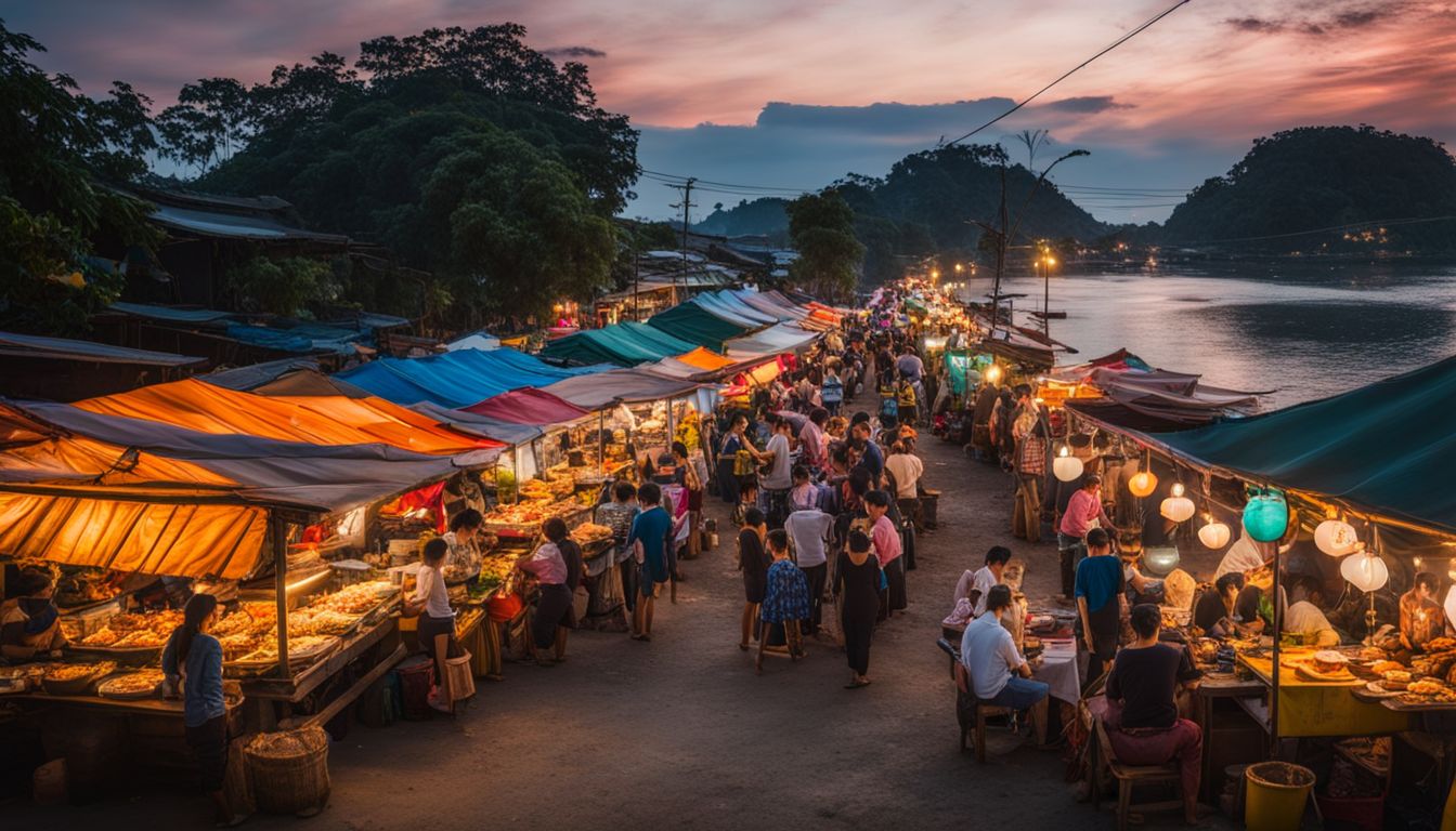 A vibrant street food scene in Ao Noi Na featuring a variety of Thai dishes and bustling atmosphere.