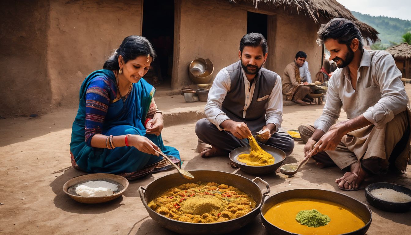 A group of locals in a village setting are preparing traditional food outdoors.
