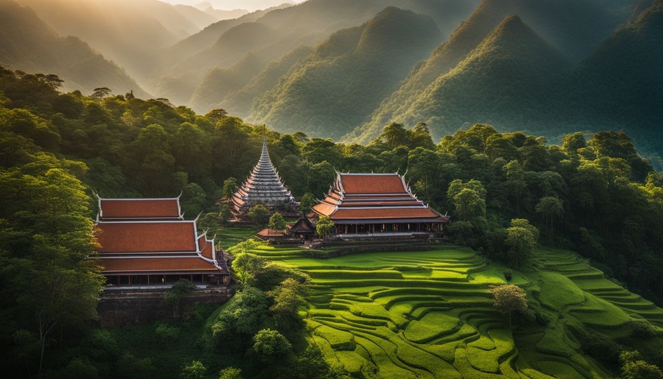 A photo of Wat Phu Tok surrounded by lush green mountains, featuring diverse people and vibrant outfits, captured with precision and high-quality equipment.