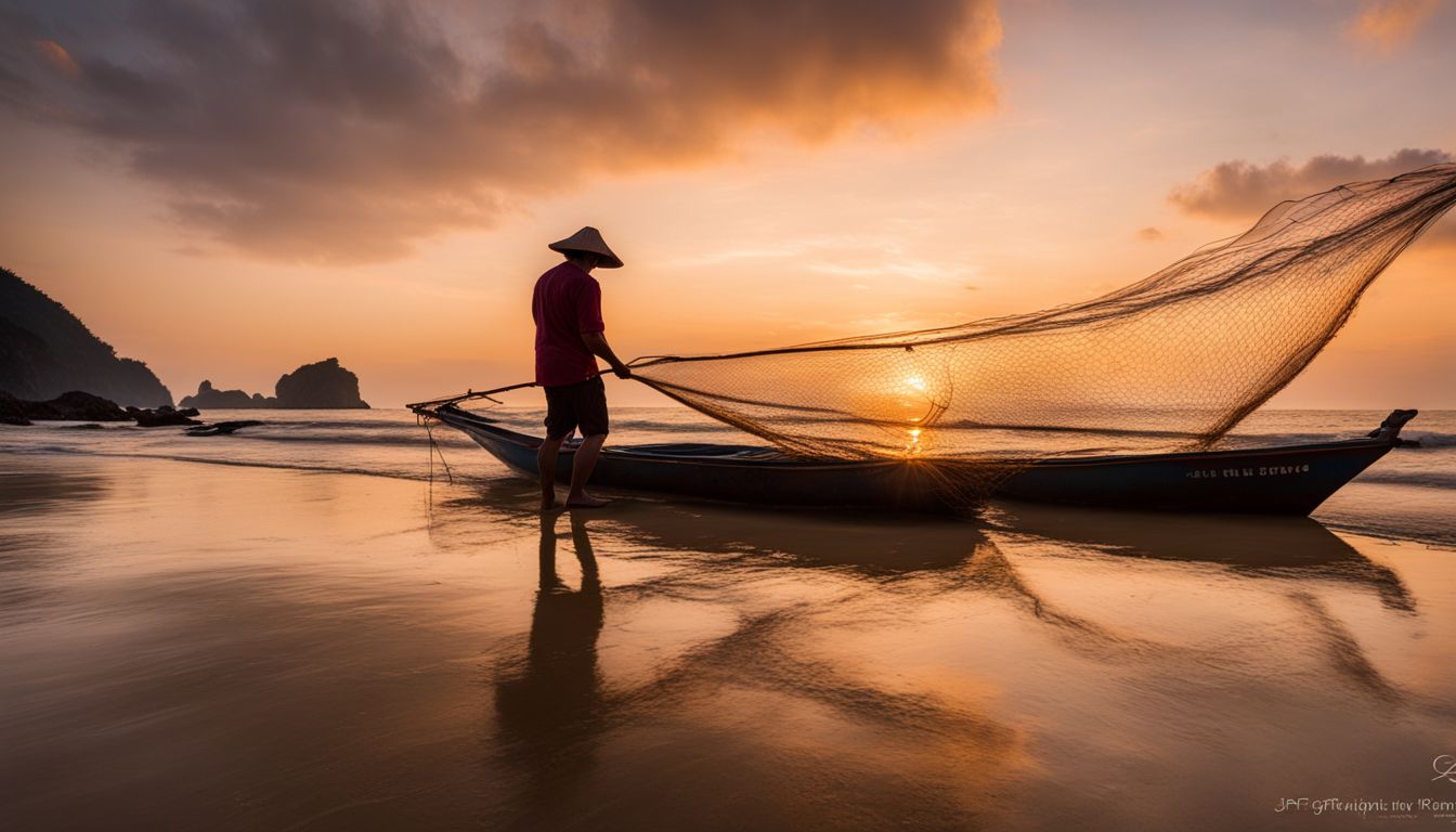 A photo of Hat Pak Meng Beach at sunrise with a lone fisherman casting his net into the calm waters.