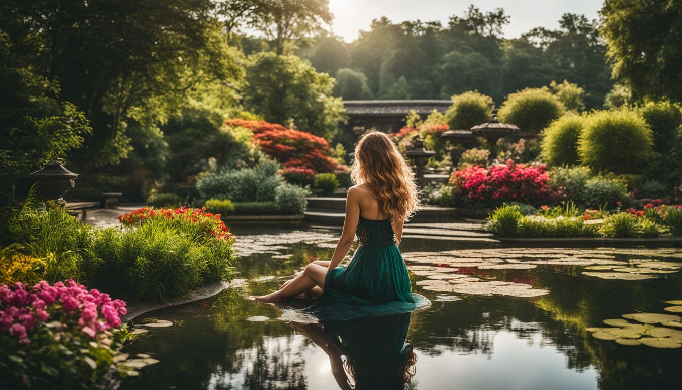 A vibrant and scenic garden filled with flowers and a peaceful pond, captured in high resolution.