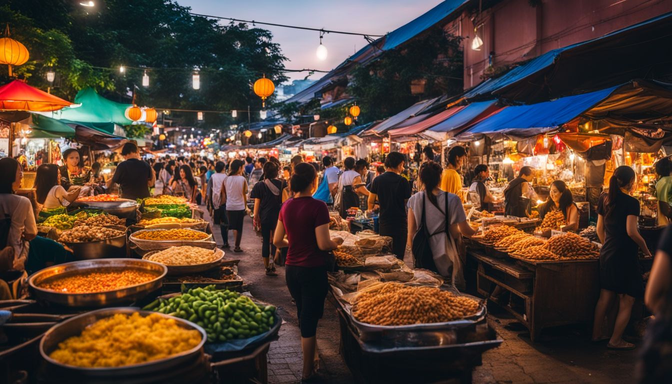 A vibrant night market in Chiang Mai with colorful stalls, delicious street food, and a bustling atmosphere.
