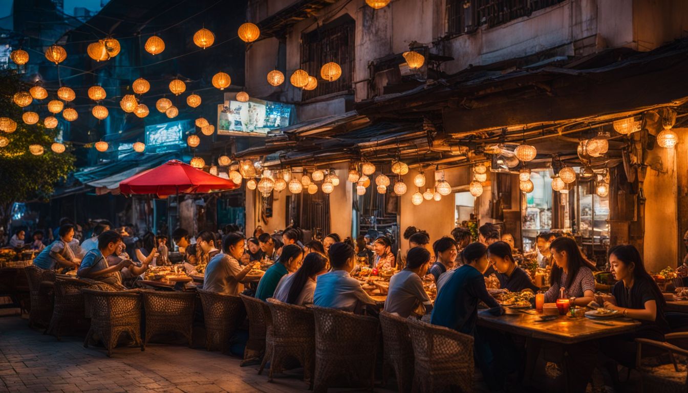 A bustling restaurant with a diverse group of people enjoying a meal in a well-lit and lively atmosphere.