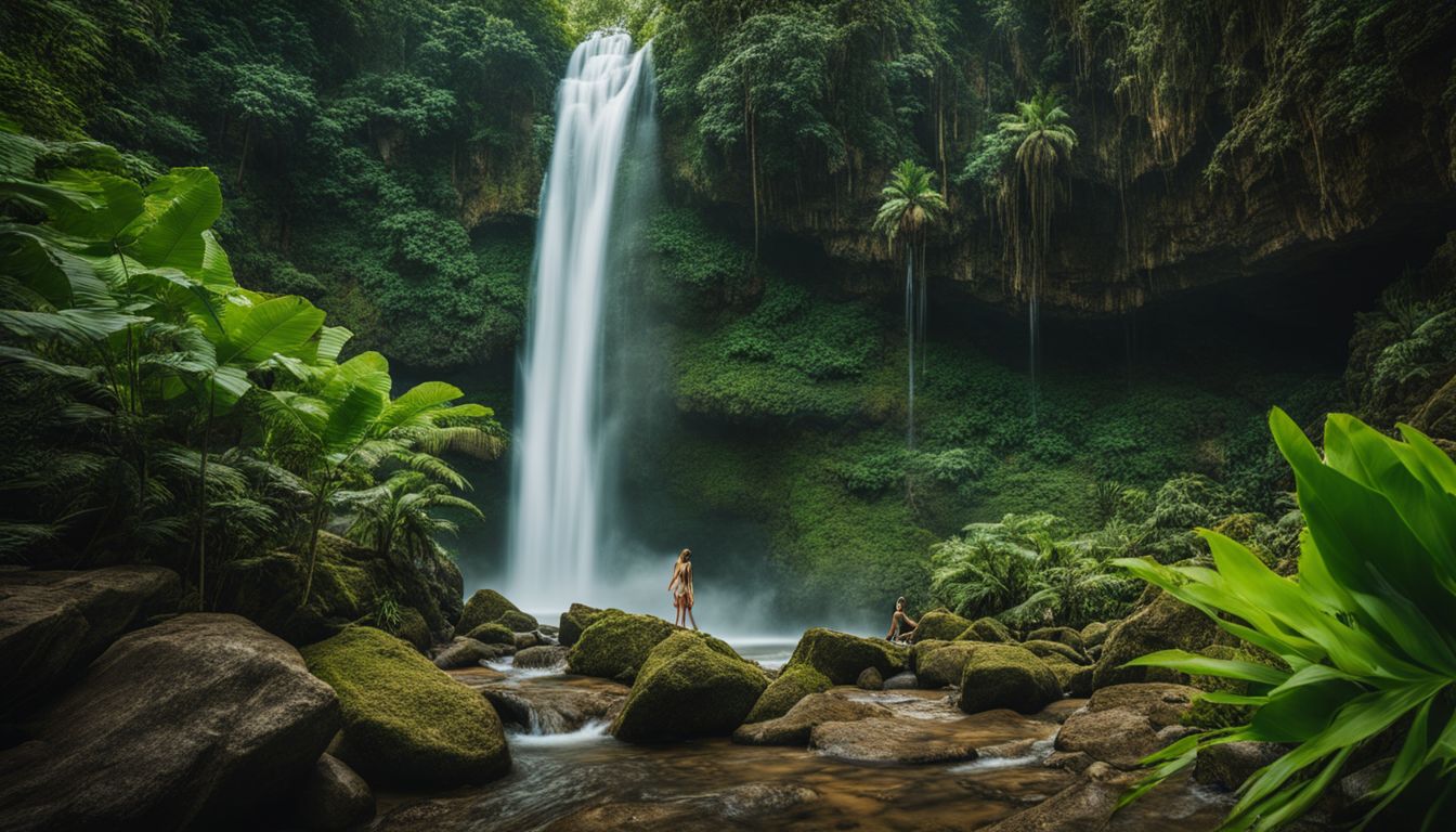 A stunning photograph of a lush tropical jungle with a picturesque waterfall cascading through rocks and vibrant greenery.