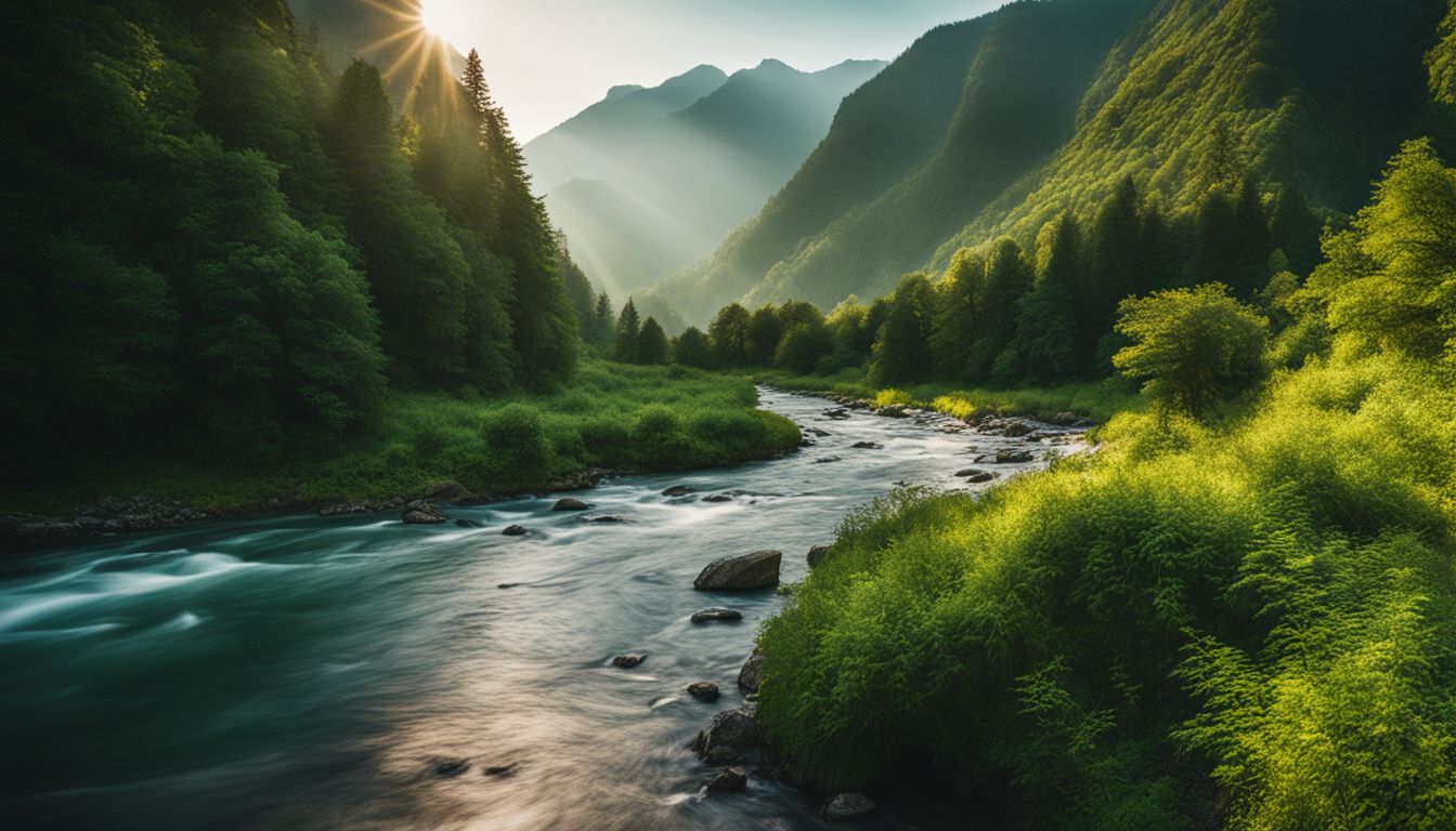 A stunning landscape photo of a river flowing through lush green mountains featuring a variety of people.