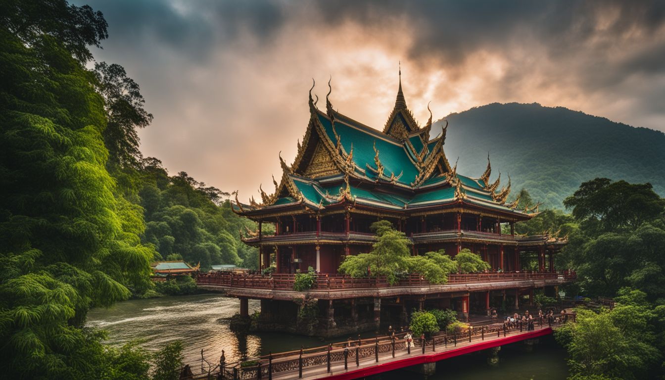 A temple surrounded by lush greenery and a bustling atmosphere captured in a stunning landscape photograph.