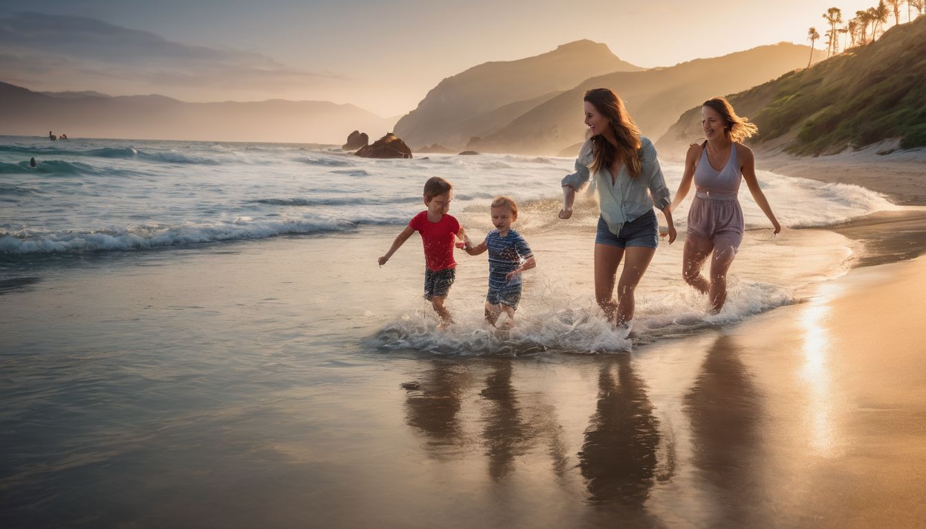 An active family enjoys playing on Chang's Beach in a bustling atmosphere with crystal clear waters.