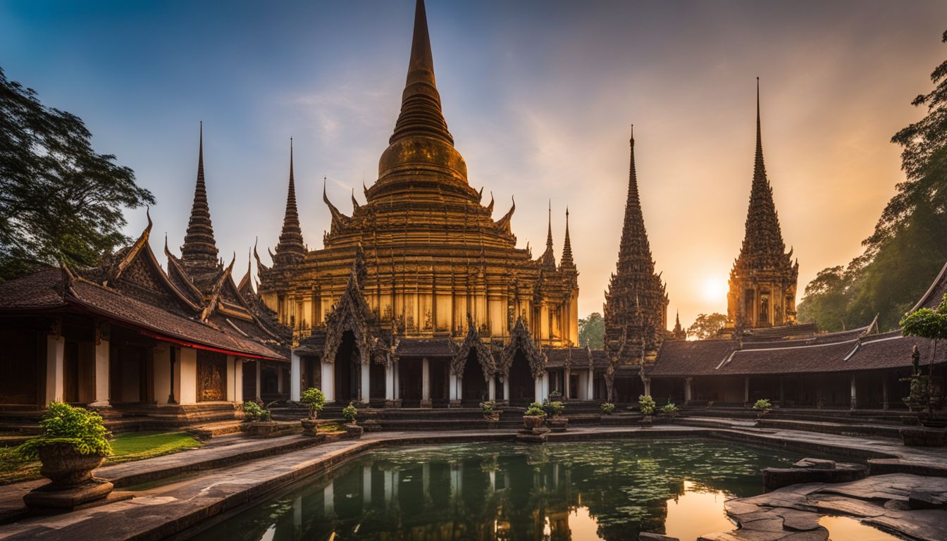 A photo of the iconic spires of Wat Bowonniwet overlooking a serene courtyard with diverse people in different outfits.