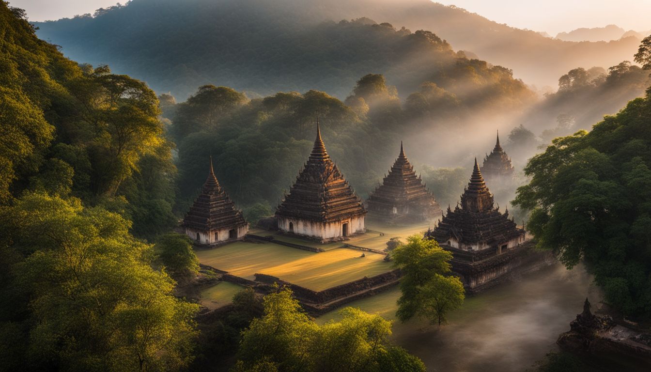 A picturesque photo of Wat Si Sawai at sunrise surrounded by misty trees, showcasing unique individuals and a bustling atmosphere.