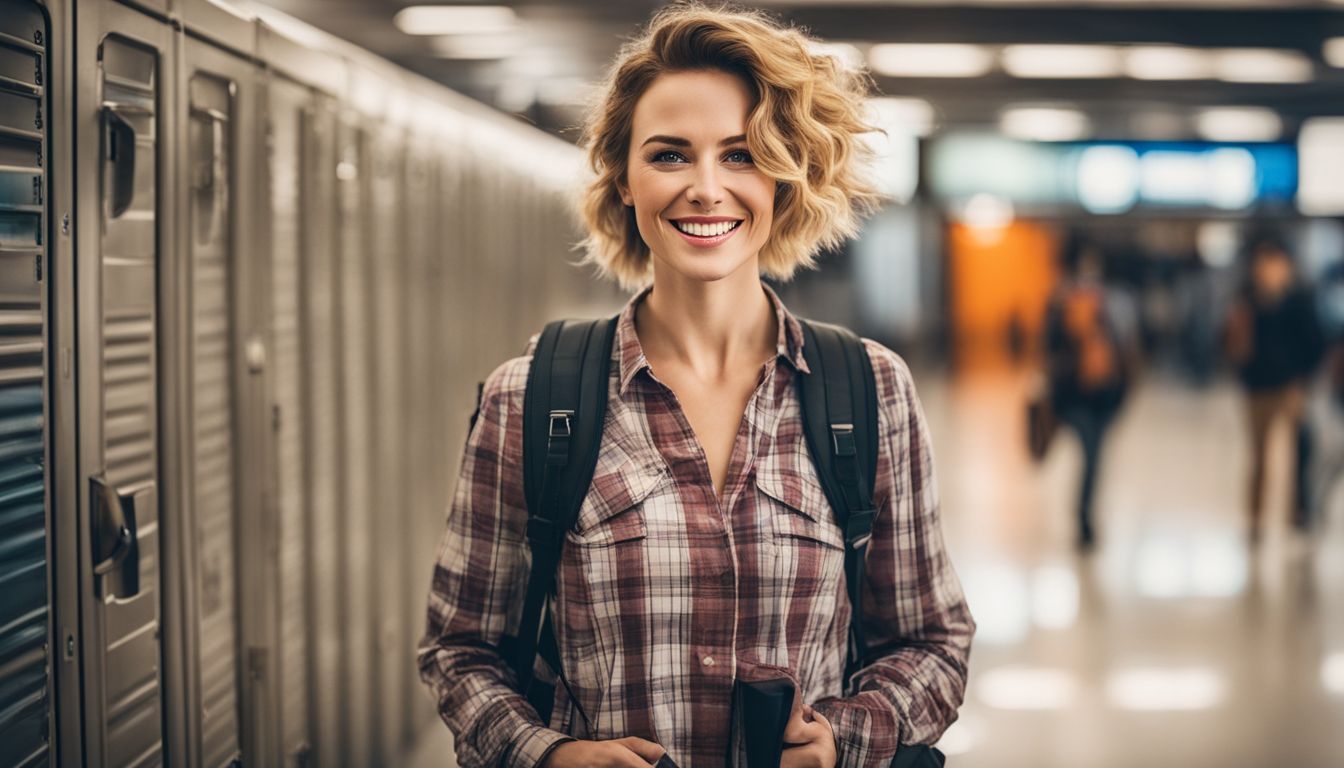 A smiling woman poses in front of lockers at the airport, showcasing different outfits and hairstyles.