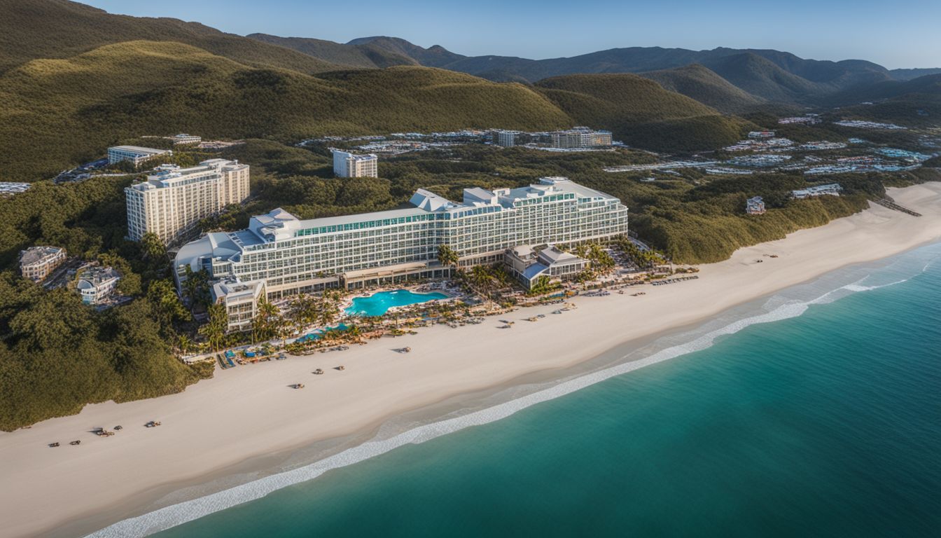 Aerial view of Long Beach Hotel surrounded by hills and a sandy beach, with a bustling atmosphere and diverse group of people.