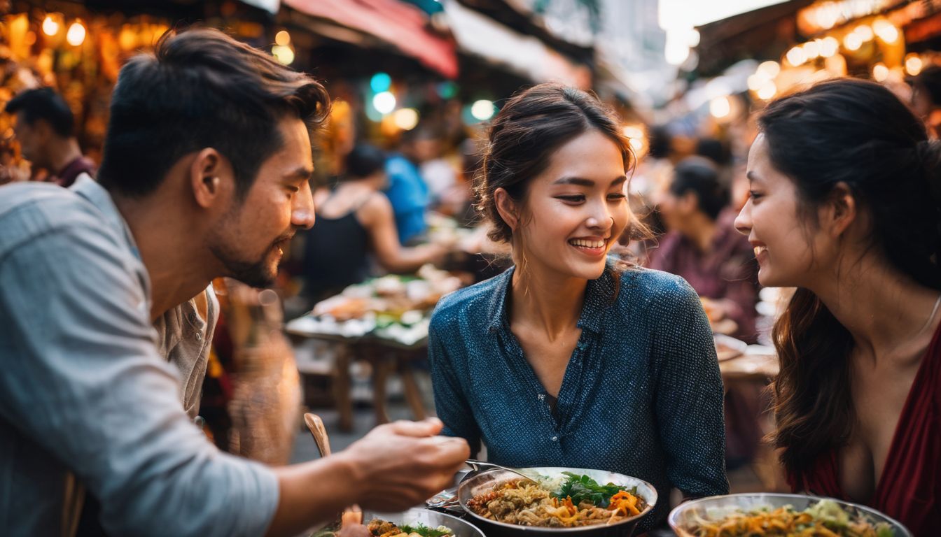 A diverse group of friends enjoying a meal together at a vibrant street market.