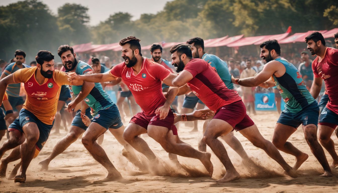 A group of enthusiastic Kabaddi players engage in a game with a lively crowd cheering them on.