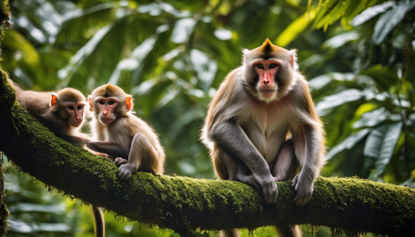 A macaque family swings through the treetops in a lush jungle setting in a bustling atmosphere.