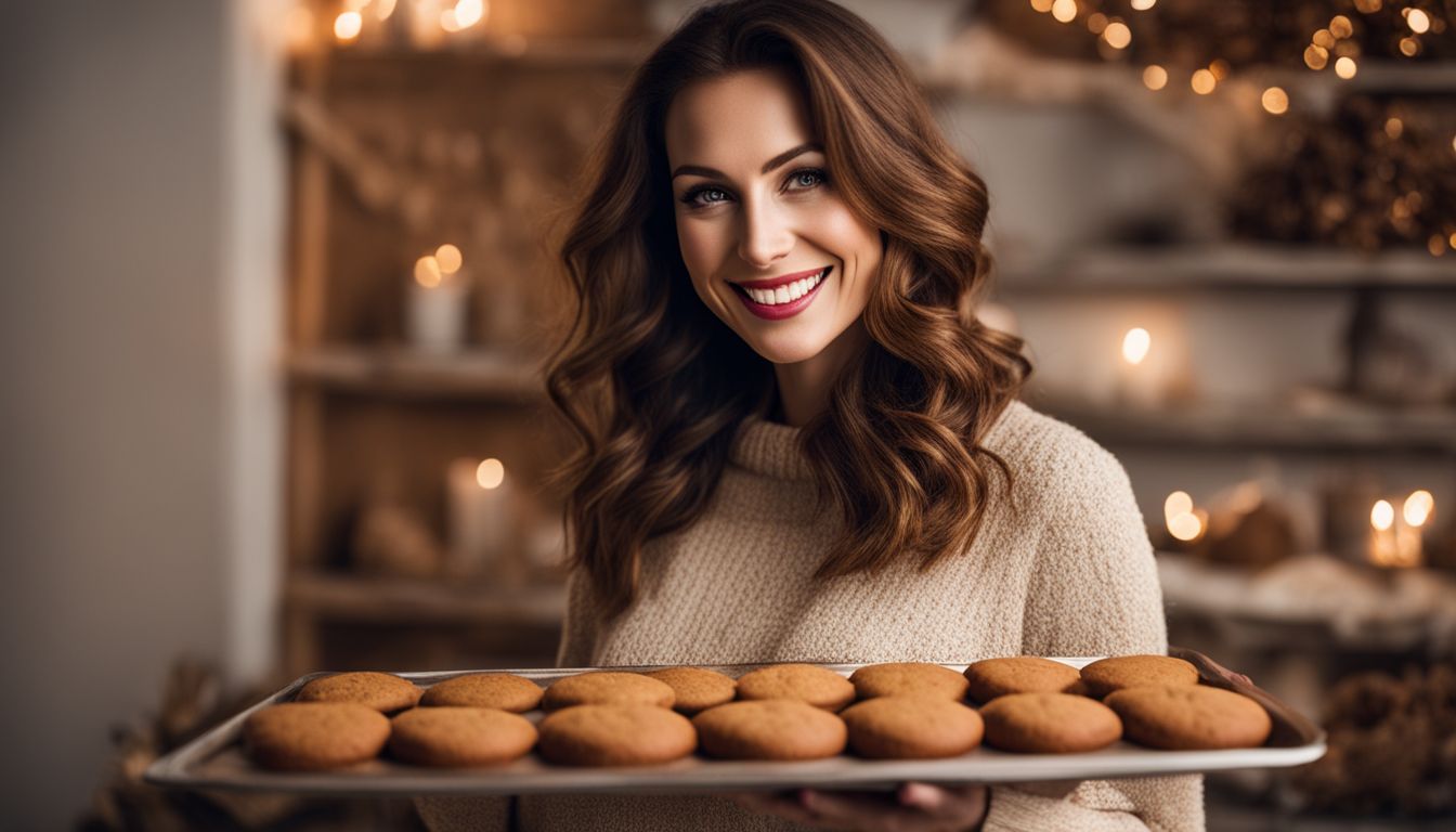 A woman with a joyful expression holds a tray of freshly baked plant-based gingerbread cookies.
