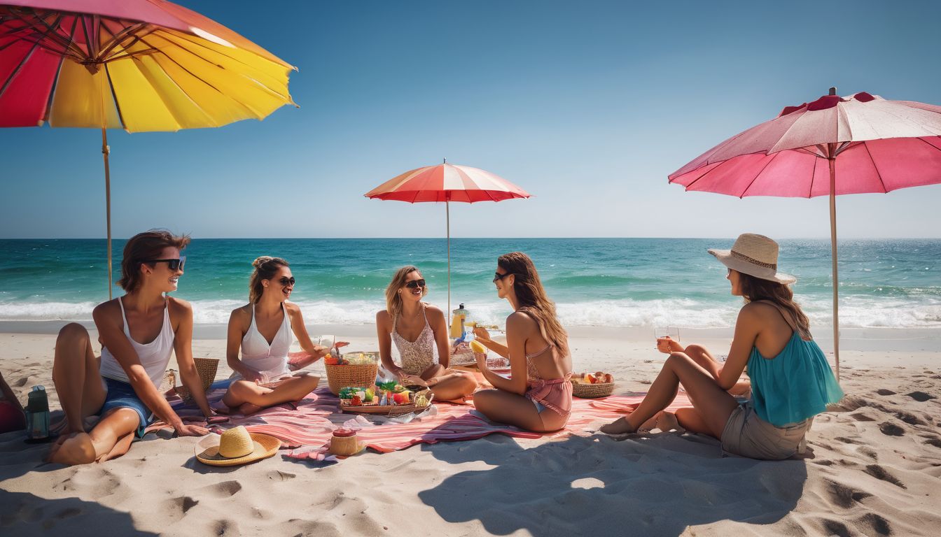 People enjoying a beach picnic with colorful umbrellas and a clear blue sky.