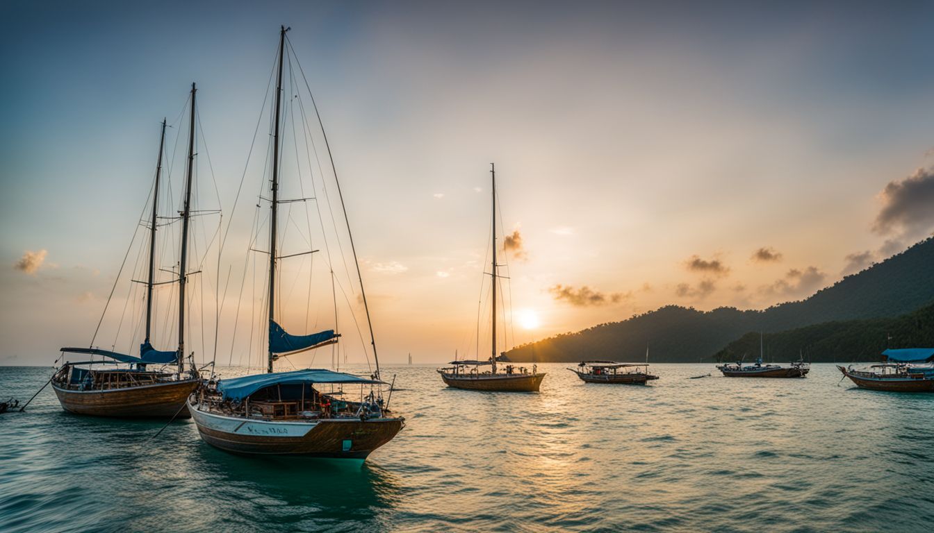 A photo showcasing boats sailing across the pristine waters of Malaysia's beautiful island beaches.