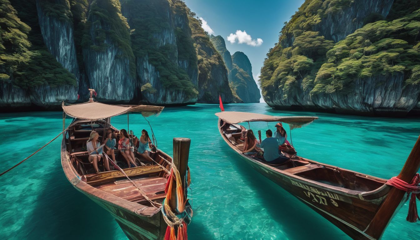 A group of tourists explore turquoise waters on a longtail boat, capturing vibrant scenery with their cameras.
